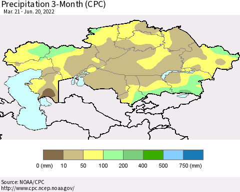 Kazakhstan Precipitation 3-Month (CPC) Thematic Map For 3/21/2022 - 6/20/2022