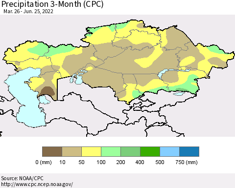 Kazakhstan Precipitation 3-Month (CPC) Thematic Map For 3/26/2022 - 6/25/2022