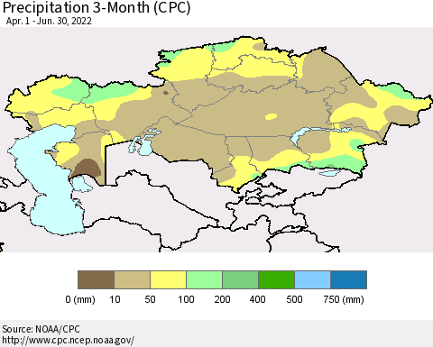 Kazakhstan Precipitation 3-Month (CPC) Thematic Map For 4/1/2022 - 6/30/2022