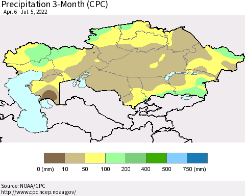 Kazakhstan Precipitation 3-Month (CPC) Thematic Map For 4/6/2022 - 7/5/2022