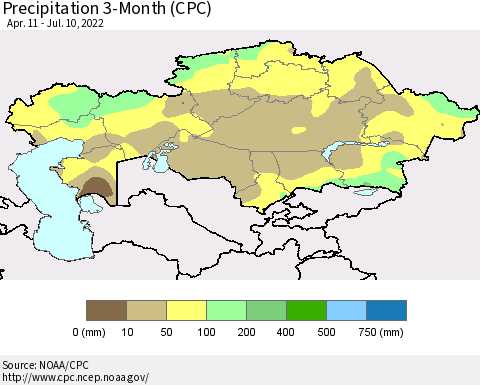 Kazakhstan Precipitation 3-Month (CPC) Thematic Map For 4/11/2022 - 7/10/2022