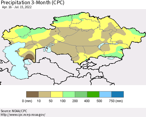 Kazakhstan Precipitation 3-Month (CPC) Thematic Map For 4/16/2022 - 7/15/2022