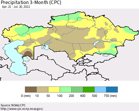 Kazakhstan Precipitation 3-Month (CPC) Thematic Map For 4/21/2022 - 7/20/2022