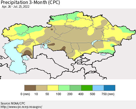 Kazakhstan Precipitation 3-Month (CPC) Thematic Map For 4/26/2022 - 7/25/2022