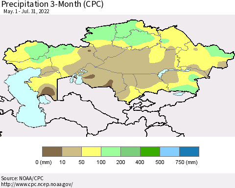 Kazakhstan Precipitation 3-Month (CPC) Thematic Map For 5/1/2022 - 7/31/2022