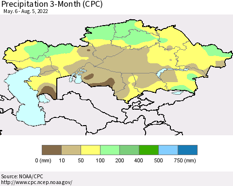 Kazakhstan Precipitation 3-Month (CPC) Thematic Map For 5/6/2022 - 8/5/2022