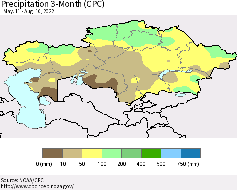 Kazakhstan Precipitation 3-Month (CPC) Thematic Map For 5/11/2022 - 8/10/2022