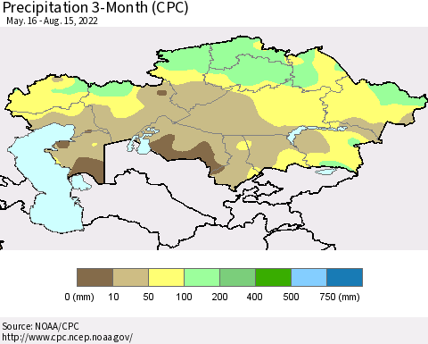 Kazakhstan Precipitation 3-Month (CPC) Thematic Map For 5/16/2022 - 8/15/2022