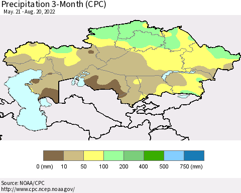 Kazakhstan Precipitation 3-Month (CPC) Thematic Map For 5/21/2022 - 8/20/2022