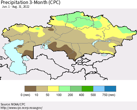 Kazakhstan Precipitation 3-Month (CPC) Thematic Map For 6/1/2022 - 8/31/2022