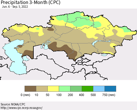 Kazakhstan Precipitation 3-Month (CPC) Thematic Map For 6/6/2022 - 9/5/2022