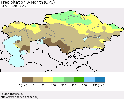 Kazakhstan Precipitation 3-Month (CPC) Thematic Map For 6/11/2022 - 9/10/2022