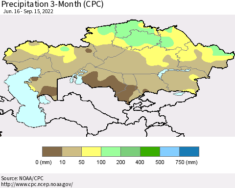 Kazakhstan Precipitation 3-Month (CPC) Thematic Map For 6/16/2022 - 9/15/2022