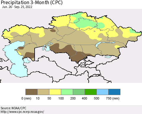 Kazakhstan Precipitation 3-Month (CPC) Thematic Map For 6/26/2022 - 9/25/2022