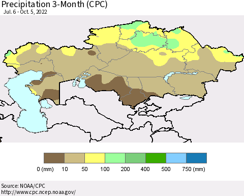 Kazakhstan Precipitation 3-Month (CPC) Thematic Map For 7/6/2022 - 10/5/2022