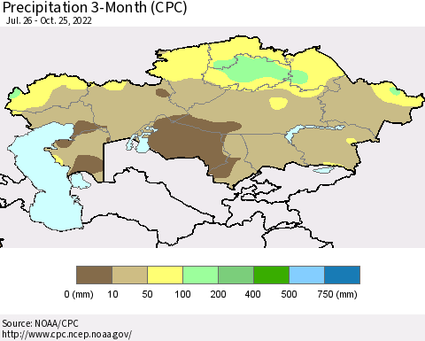 Kazakhstan Precipitation 3-Month (CPC) Thematic Map For 7/26/2022 - 10/25/2022