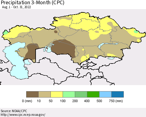 Kazakhstan Precipitation 3-Month (CPC) Thematic Map For 8/1/2022 - 10/31/2022