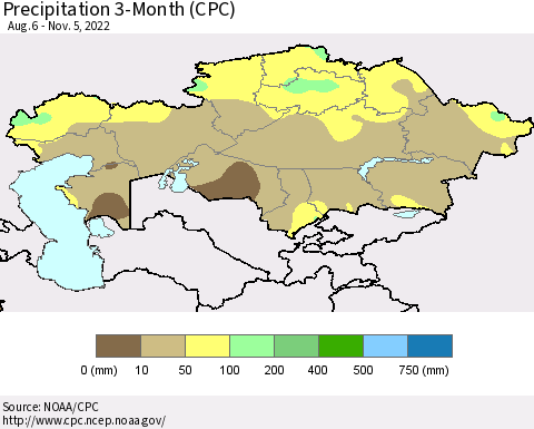 Kazakhstan Precipitation 3-Month (CPC) Thematic Map For 8/6/2022 - 11/5/2022
