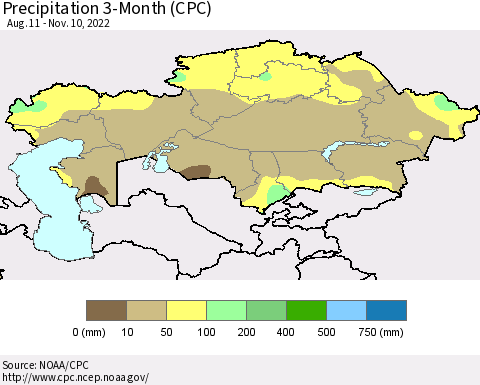 Kazakhstan Precipitation 3-Month (CPC) Thematic Map For 8/11/2022 - 11/10/2022