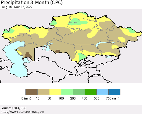 Kazakhstan Precipitation 3-Month (CPC) Thematic Map For 8/16/2022 - 11/15/2022