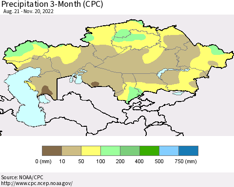 Kazakhstan Precipitation 3-Month (CPC) Thematic Map For 8/21/2022 - 11/20/2022