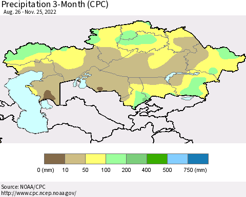 Kazakhstan Precipitation 3-Month (CPC) Thematic Map For 8/26/2022 - 11/25/2022