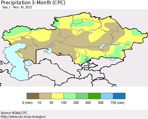 Kazakhstan Precipitation 3-Month (CPC) Thematic Map For 9/1/2022 - 11/30/2022