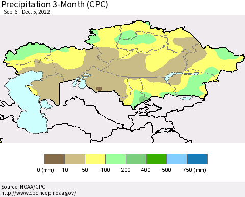 Kazakhstan Precipitation 3-Month (CPC) Thematic Map For 9/6/2022 - 12/5/2022