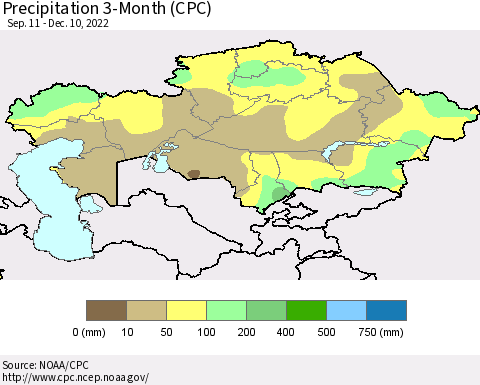 Kazakhstan Precipitation 3-Month (CPC) Thematic Map For 9/11/2022 - 12/10/2022