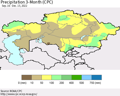 Kazakhstan Precipitation 3-Month (CPC) Thematic Map For 9/16/2022 - 12/15/2022