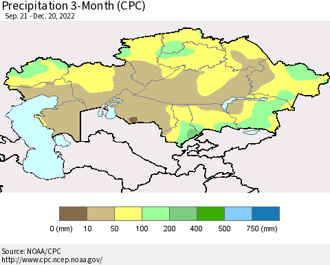 Kazakhstan Precipitation 3-Month (CPC) Thematic Map For 9/21/2022 - 12/20/2022