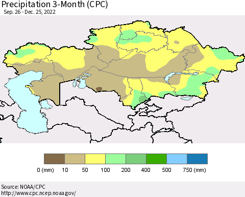 Kazakhstan Precipitation 3-Month (CPC) Thematic Map For 9/26/2022 - 12/25/2022