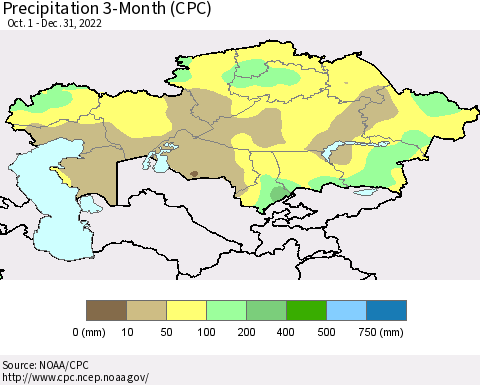 Kazakhstan Precipitation 3-Month (CPC) Thematic Map For 10/1/2022 - 12/31/2022