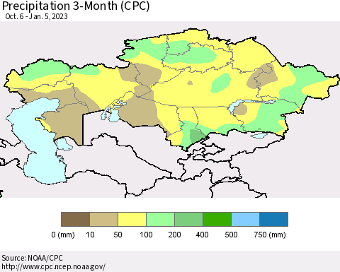 Kazakhstan Precipitation 3-Month (CPC) Thematic Map For 10/6/2022 - 1/5/2023
