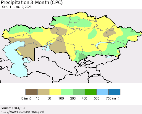 Kazakhstan Precipitation 3-Month (CPC) Thematic Map For 10/11/2022 - 1/10/2023