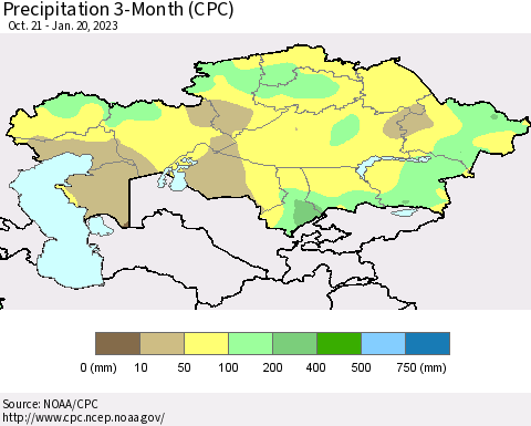Kazakhstan Precipitation 3-Month (CPC) Thematic Map For 10/21/2022 - 1/20/2023