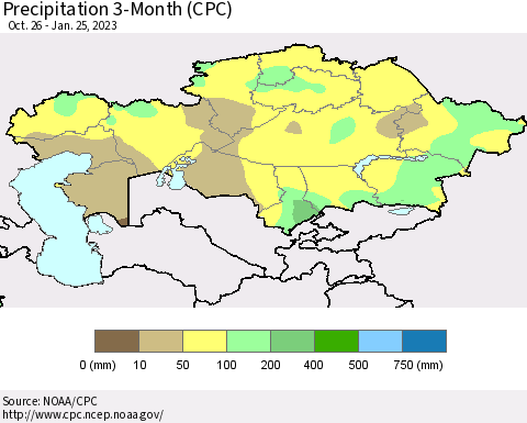 Kazakhstan Precipitation 3-Month (CPC) Thematic Map For 10/26/2022 - 1/25/2023