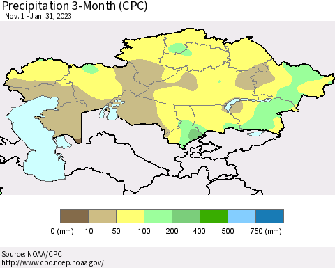 Kazakhstan Precipitation 3-Month (CPC) Thematic Map For 11/1/2022 - 1/31/2023