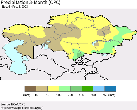 Kazakhstan Precipitation 3-Month (CPC) Thematic Map For 11/6/2022 - 2/5/2023