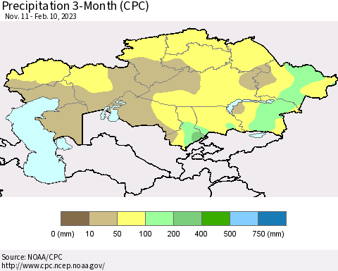 Kazakhstan Precipitation 3-Month (CPC) Thematic Map For 11/11/2022 - 2/10/2023