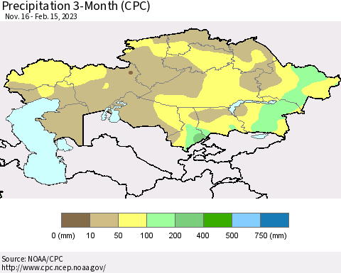 Kazakhstan Precipitation 3-Month (CPC) Thematic Map For 11/16/2022 - 2/15/2023