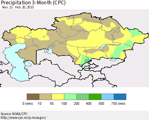 Kazakhstan Precipitation 3-Month (CPC) Thematic Map For 11/21/2022 - 2/20/2023
