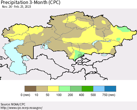 Kazakhstan Precipitation 3-Month (CPC) Thematic Map For 11/26/2022 - 2/25/2023