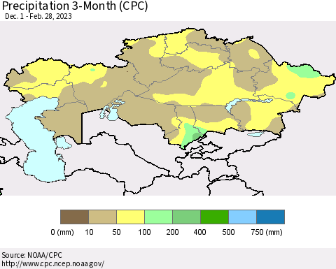 Kazakhstan Precipitation 3-Month (CPC) Thematic Map For 12/1/2022 - 2/28/2023
