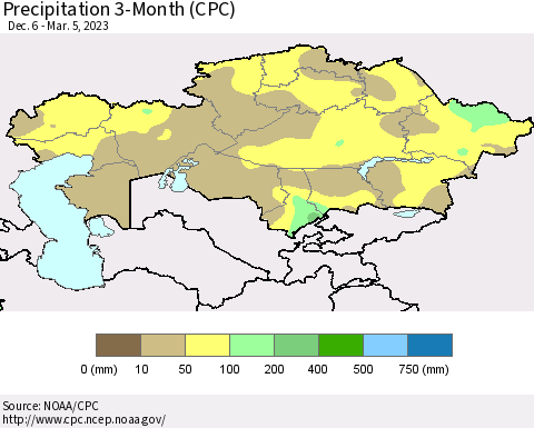 Kazakhstan Precipitation 3-Month (CPC) Thematic Map For 12/6/2022 - 3/5/2023