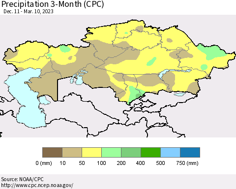 Kazakhstan Precipitation 3-Month (CPC) Thematic Map For 12/11/2022 - 3/10/2023
