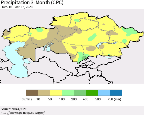 Kazakhstan Precipitation 3-Month (CPC) Thematic Map For 12/16/2022 - 3/15/2023