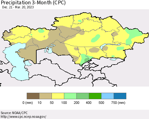 Kazakhstan Precipitation 3-Month (CPC) Thematic Map For 12/21/2022 - 3/20/2023