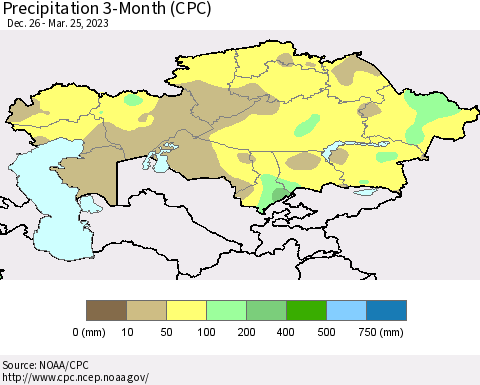 Kazakhstan Precipitation 3-Month (CPC) Thematic Map For 12/26/2022 - 3/25/2023