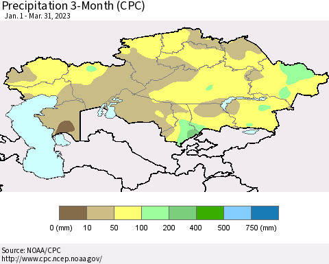 Kazakhstan Precipitation 3-Month (CPC) Thematic Map For 1/1/2023 - 3/31/2023